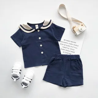 2023 Summer New Small And Medium-Sized Children Boys And Girls Navy Style Cotton Linen Short-Sleeved Shorts Suit