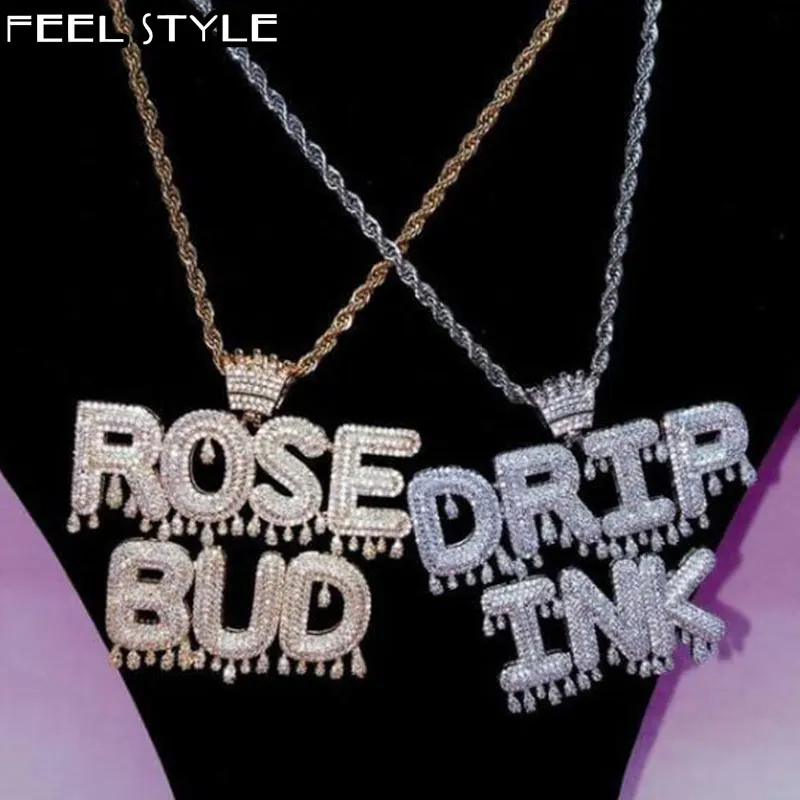 Custom Name Cubic Zircon Crown Drip Iced Out Bubble Letters Chain Pendants & Necklaces For Men Hip Hop Jewelry With Tennis Chain