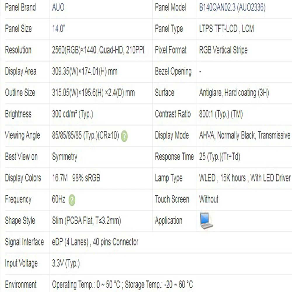 Imagem -05 - Painel de Tela Lcd sem Toque para Laptop 14.0 Polegadas 2560x1440 Wqhd Edp com 40 Pinos p n
