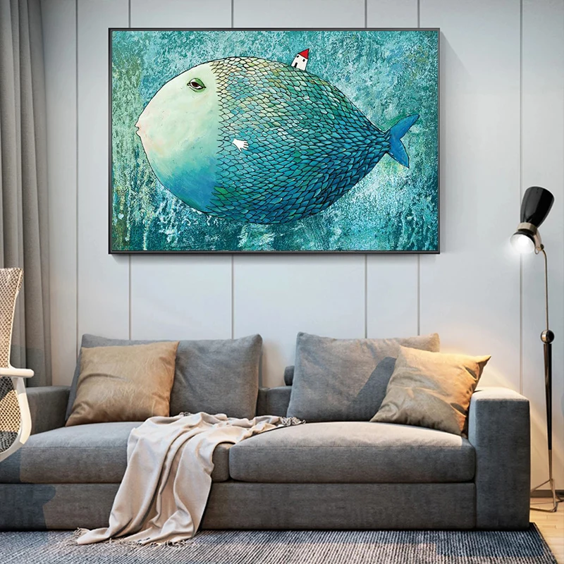 

Large Blue Fish Cartoon Wall Art Posters And Prints Modern Art Animals Paintings on the Wall Pictures For Kids Room Decor Cuadro