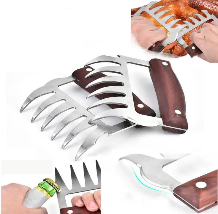 Stainless Steel Bear Claw Wooden Handle Meat Divided Tearing Flesh Multifunction Meat Shred Pork Clamp BBQ Tool SN3716