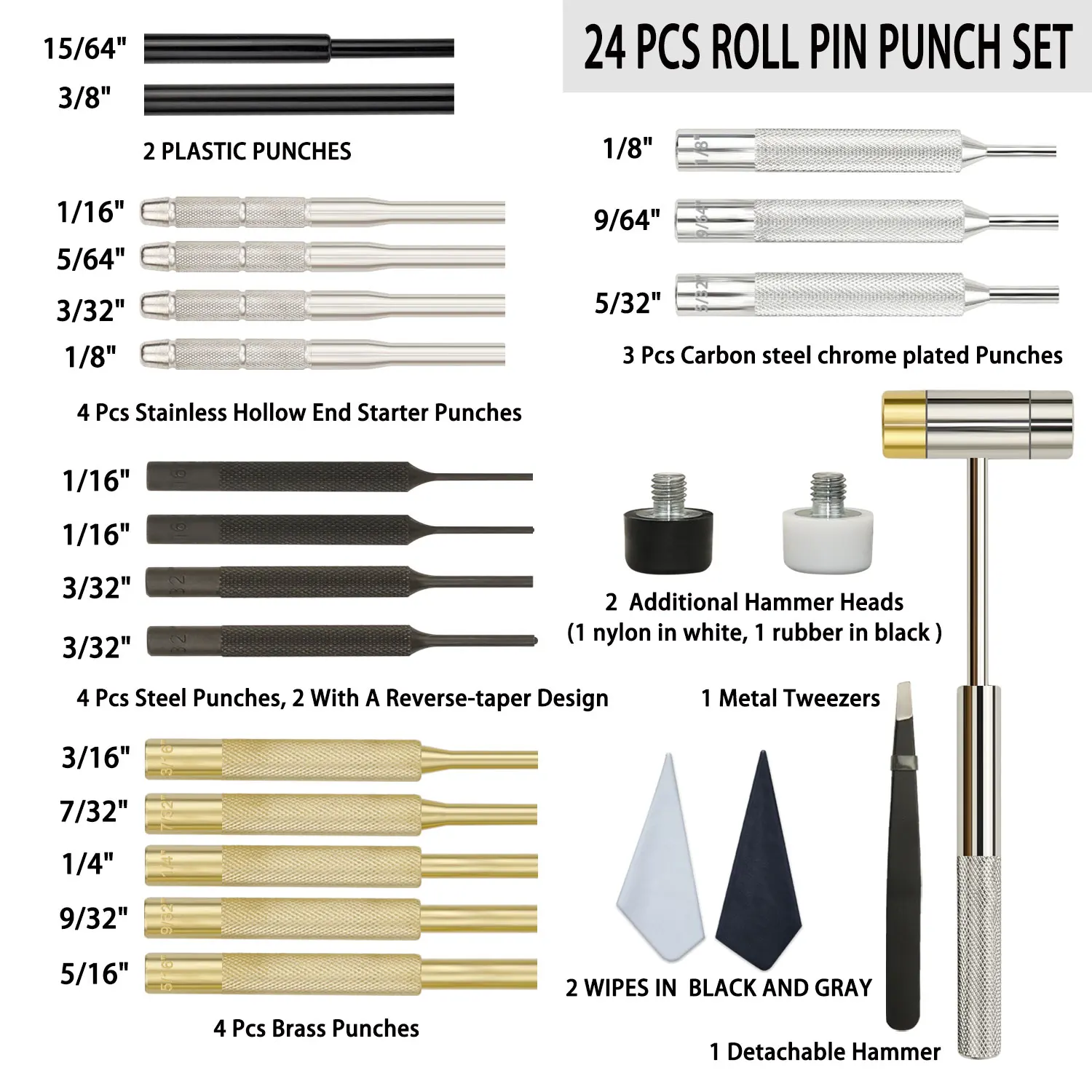 BESTNULE Roll Pin Punch Set, Made of Solid Material Including Steel Punch with Hammer for Gunsmiths, Jewelry and Watch Repair