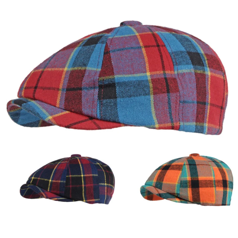 HT3591 Berets 2021 New Men Women Beret Cap Vintage Plaid Octagonal  Cap Male Female Artist Painter Beret Hat  Flat Cap