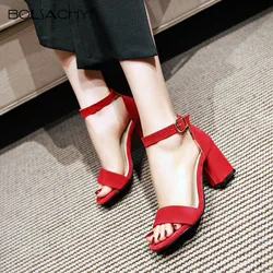 2023Spring Summer Gladiator Sandals Office High Heels Woman Buckle Strap Pumps Suede Open Toe Casual Women Shoes Red Black Beige