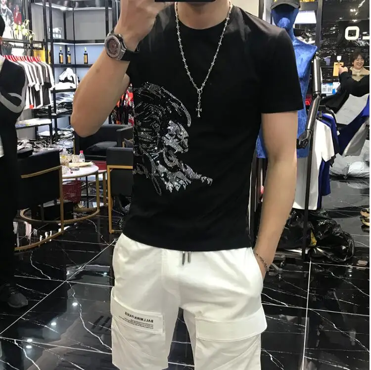 

Fashion Hot Drilling Summer Top Mens Rhinestones T Shirts Casual Black and white Cotton Short Sleeve Slim Tee Shir