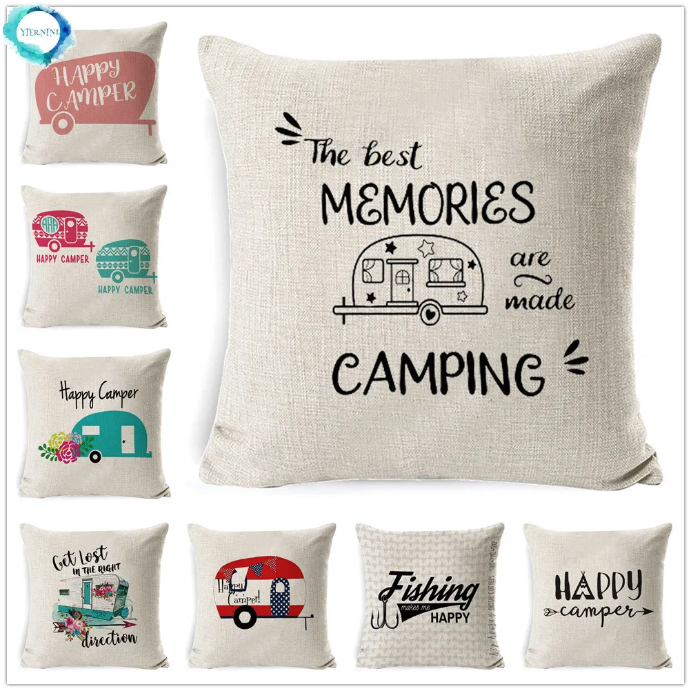 Cotton Linen Cushion Cover Best Memories Happy Camper Decorative Pillow Case Bedroom Sofa Home Decor Gift Fundas De Cojin