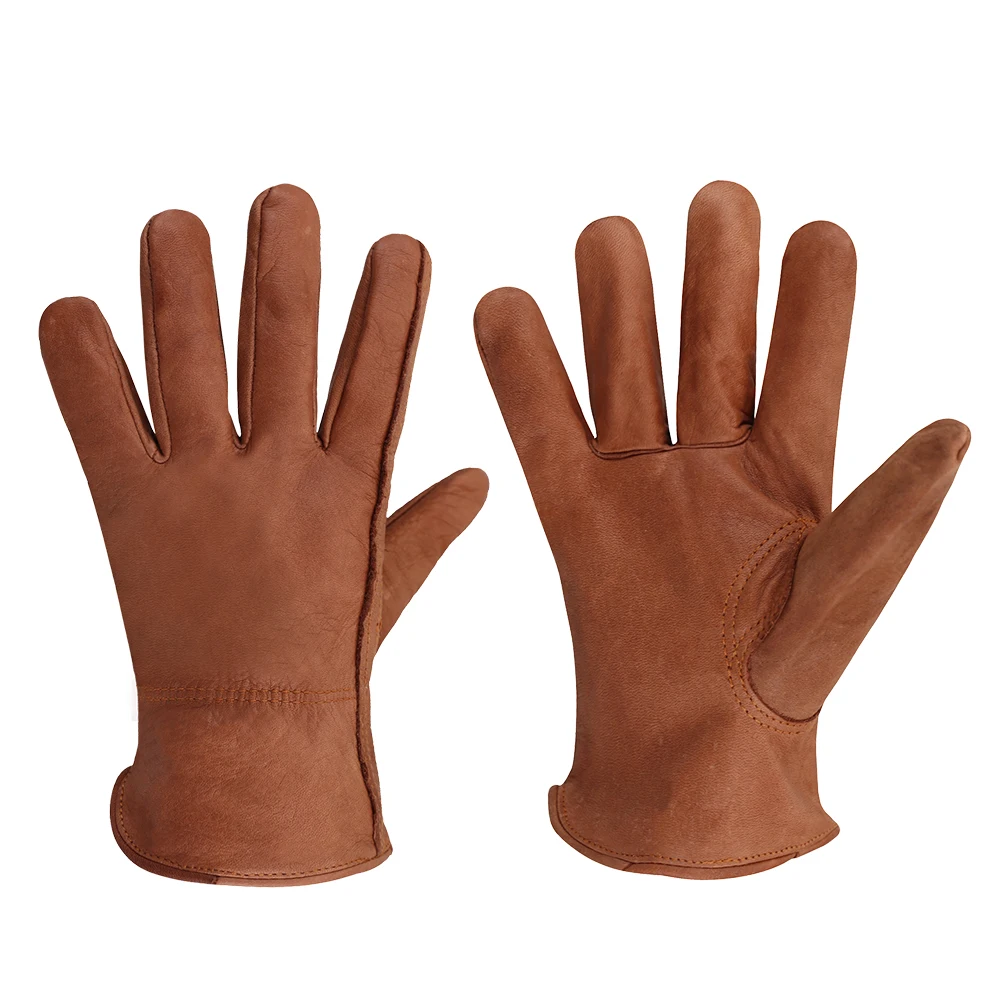 Brown Cow Leather Work Gloves General Use Motorcycle Drivers Safety Glove Men&Women