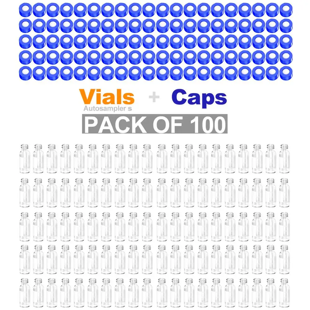 Autosampler 2ml HPLC 9-425  Clear glass vial Bottles with Write-on Spot and 9mm ABS Screw Caps, 100Pcs by Ks-Tek
