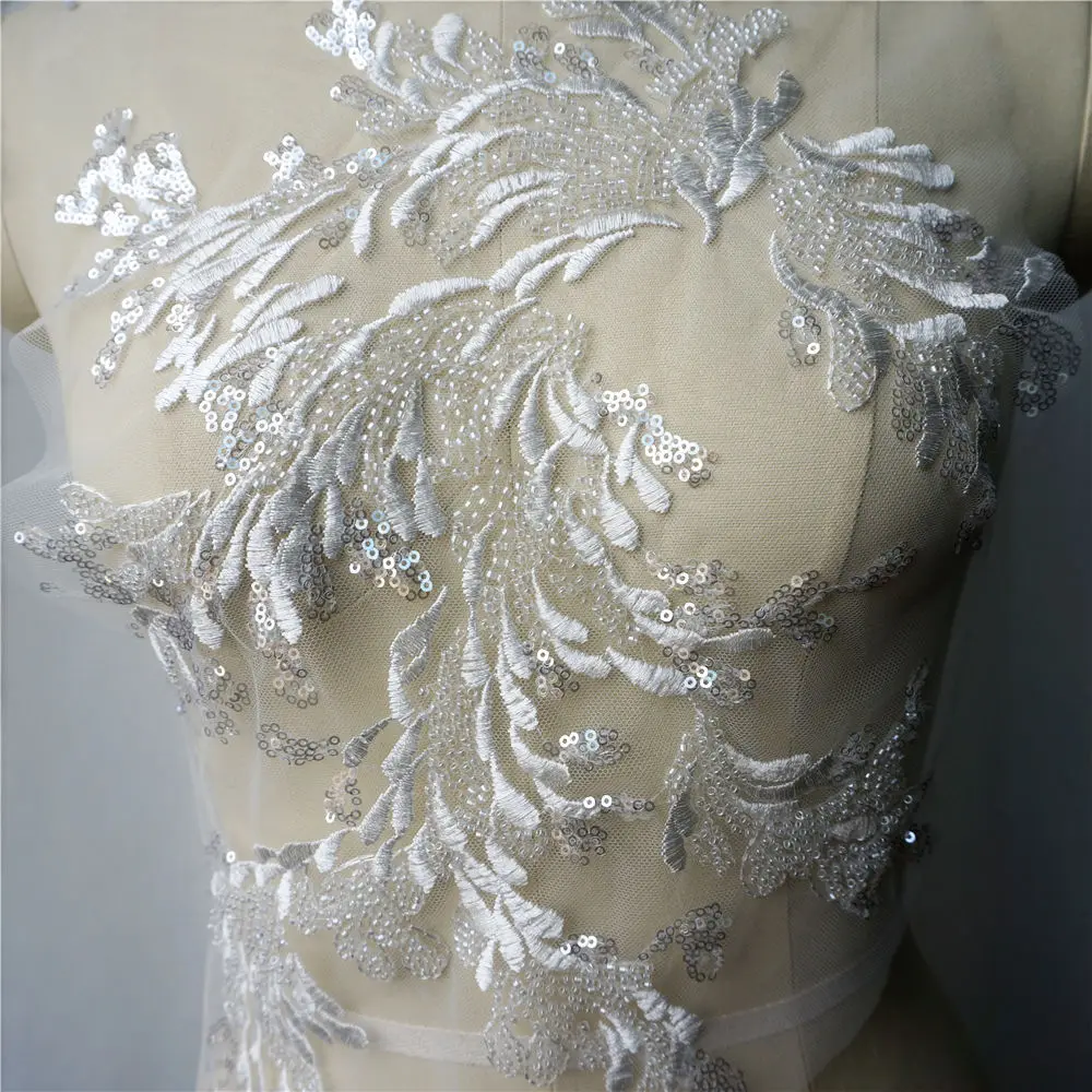 White Lace Fabric Silver Sequin Beads Embroidered Flora Gown Appliques Collar Mesh Sew Patch For Wedding Decoration Dress DIY