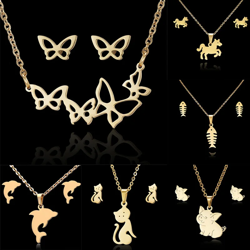 Rinhoo Neue Tier Schmetterling Edelstahl Anhänger Halskette Sets Für Frauen Katze Fisch Knochen Kette Halskette Ohrringe Schmuck Geschenke