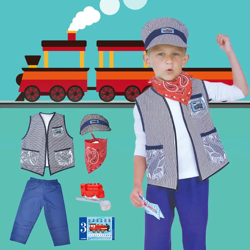 Kids Train Engineer Conductor Costume Prom Performance Costume Cosplay Clothing Equipment Props Pretend Play Toy