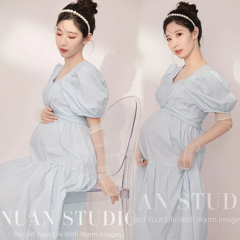 Pregnant Women Photography Clothing Aesthetic Light Blue Dress Studio Pregnant Women's Clothing Naughty Lovely Fresh Photo Cloth