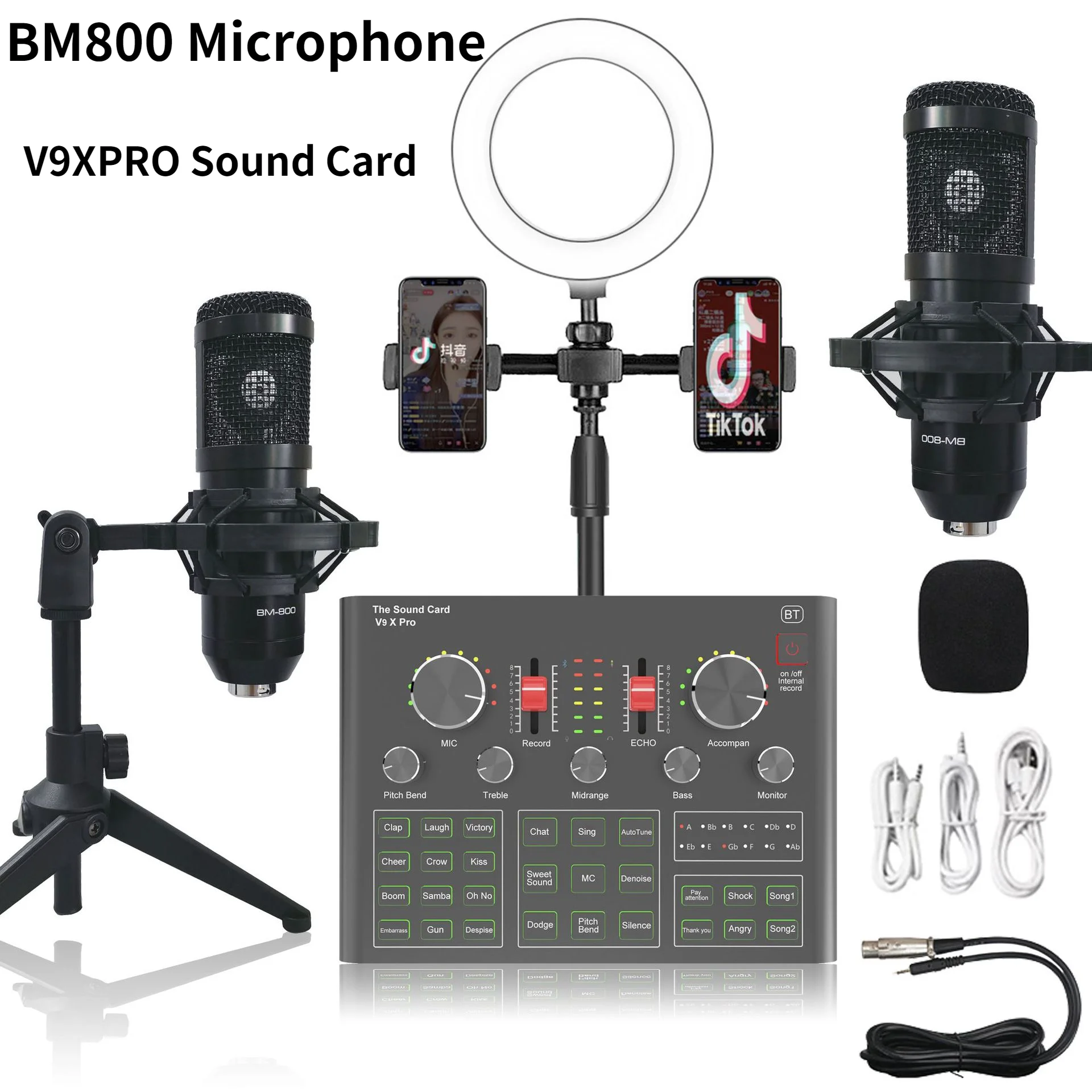 V9XPRO Sound Card Fill Light BM800 Professional Condenser Microphone Bluetooth Wireless MIC for PC Computer Phone KaraokeYoutube