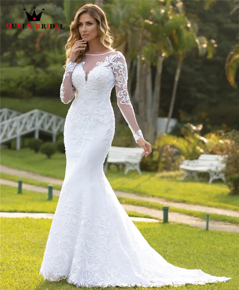 Custom Made 2021 New Design Wedding Dresses Mermaid Long Sleeve O-neck Tulle Lace Appliques Sexy Simple Wedding Gowns CO31