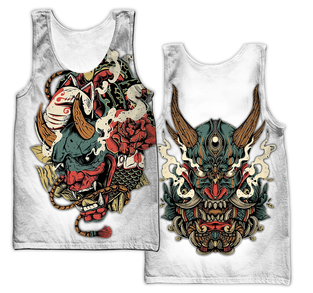 Samurai Oni Mask Tattoo 3D All Over Printed Men vest Summer Harajuku Sleeveless T-shirt Unisex Casual Polyester Tank Tops BX-63