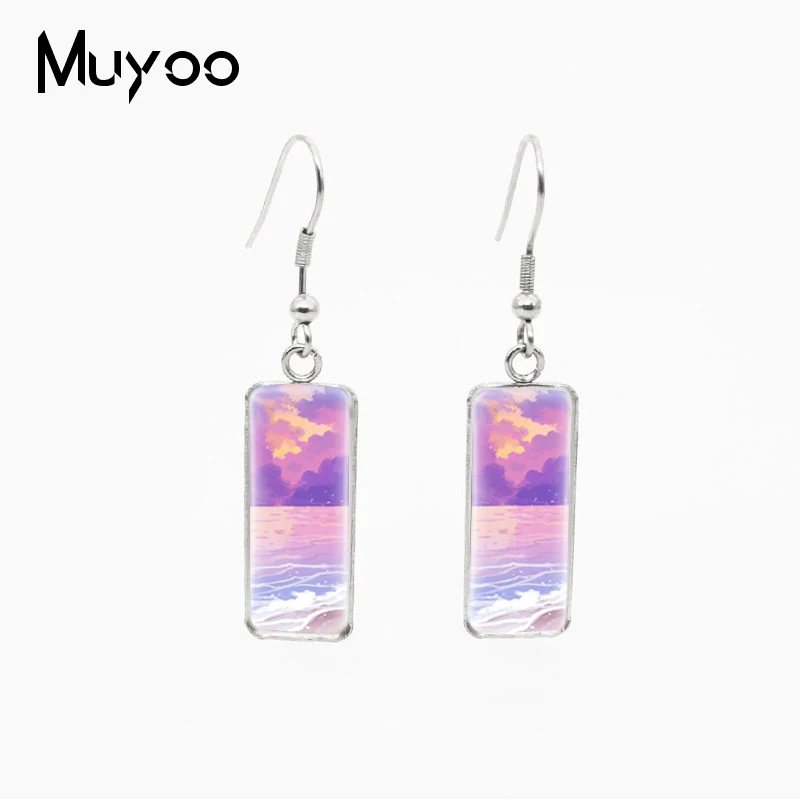 2021 New Fashion Seaside Sunrise Sunset Colorful Clouds Patterns Rectangle Stainless Steel Fish Hook Dangle Earrings