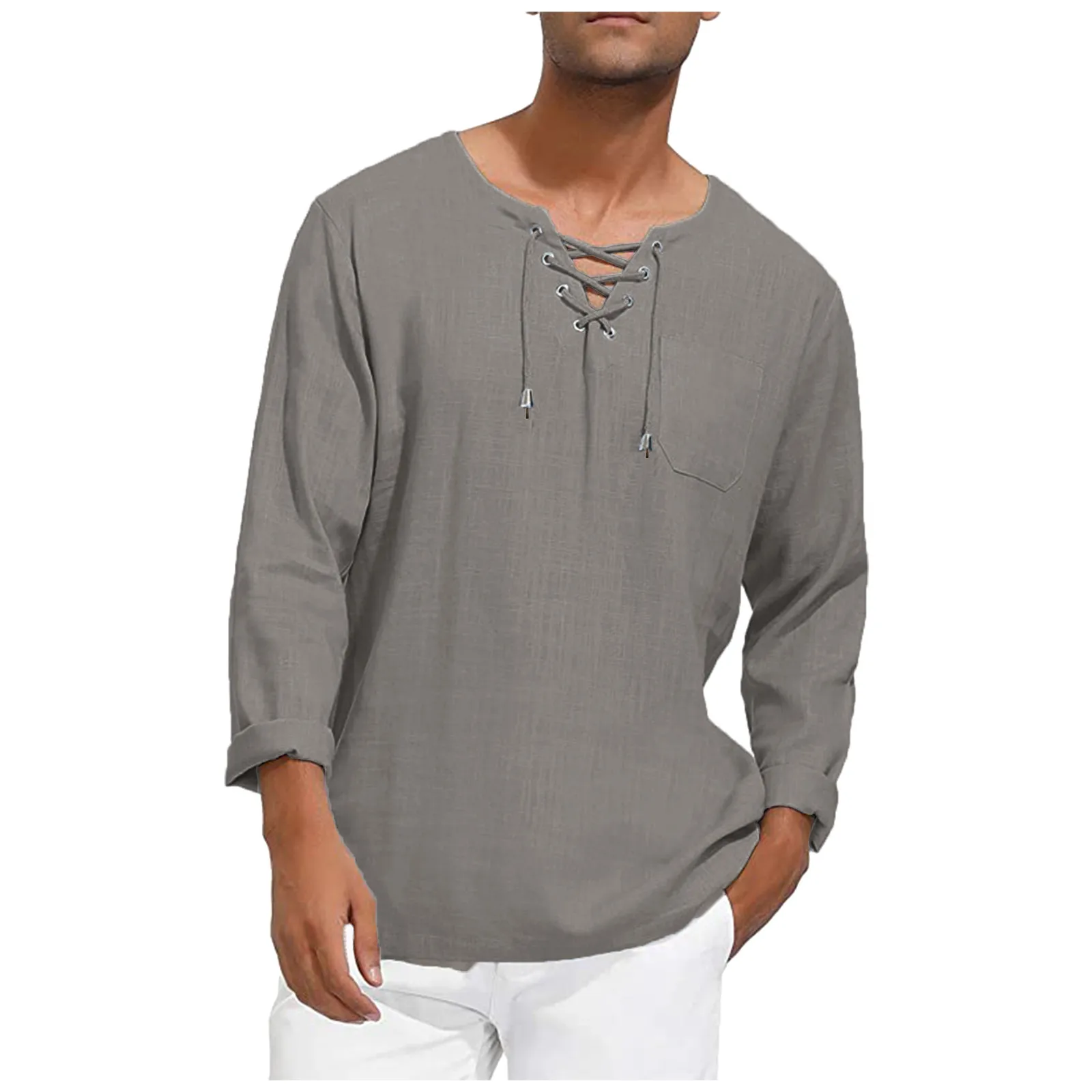 New Men\'s Loose Shirts Tee Long Sleeve Cotton Henley Tee Shirt Medieval Lace Up O Neck Outdoor Tops Fashion Brand Casual Blouse