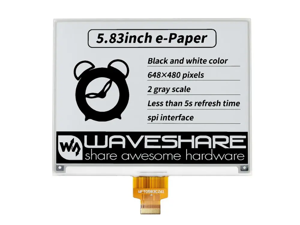 

Waveshare 5.83inch E-Paper E-Ink Raw Display, 648×480 Pixels, Black / White, SPI Interface, Without PCB