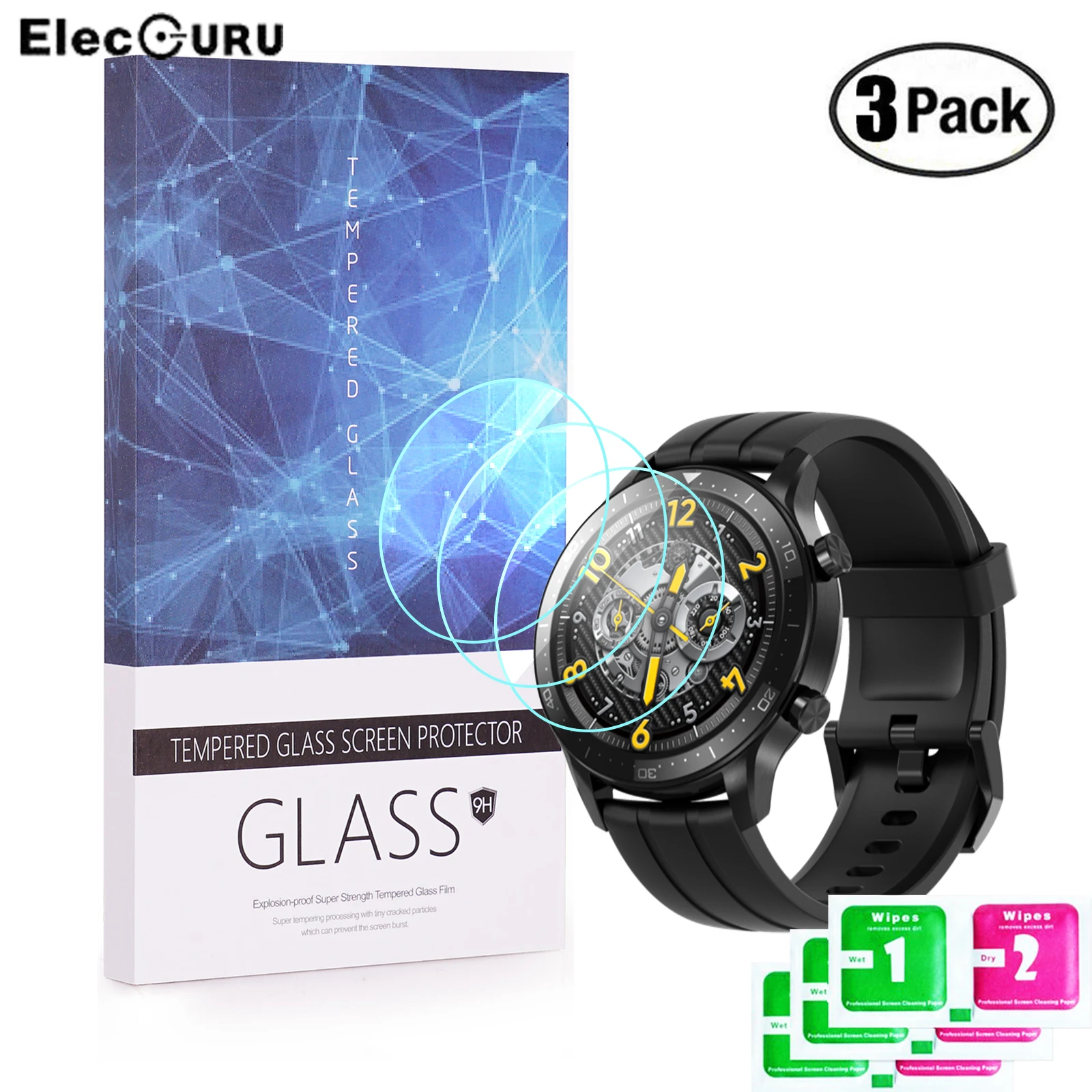 3 Packs Tempered Glass Screen Protector for Realme Watch S Pro 9H Hardness Protective Film Scratch Resistant Anti-Shatter Guard