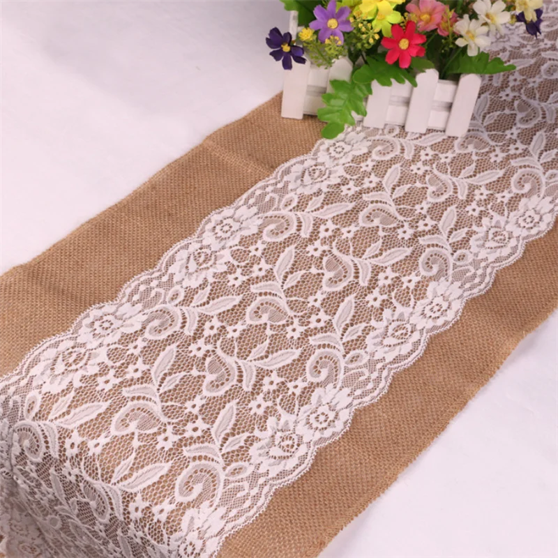 Jute Rectangle Table Runner Wedding Party Table Layout Vintage Home Decorations White Lace Table Mat Natural Simplicity Linen Ta