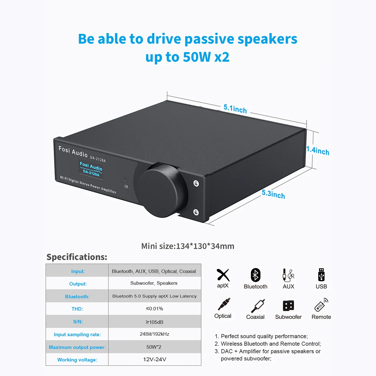 Fosi Âm Thanh DA2120A Bluetooth Bộ Khuếch Đại Âm Thanh Stereo Không Dây Amp Hifi Lớp D Power Amp 50W X2 Loa & Năng Động loa Siêu Trầm