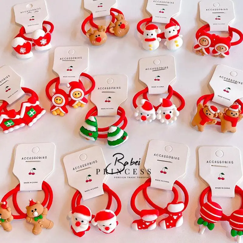 

2PCs Christmas Elastic Hair Bands santa Claus Xmas Tree Rubber Band Hair Ties Children Ponytail Holder Kids Hair Accessories