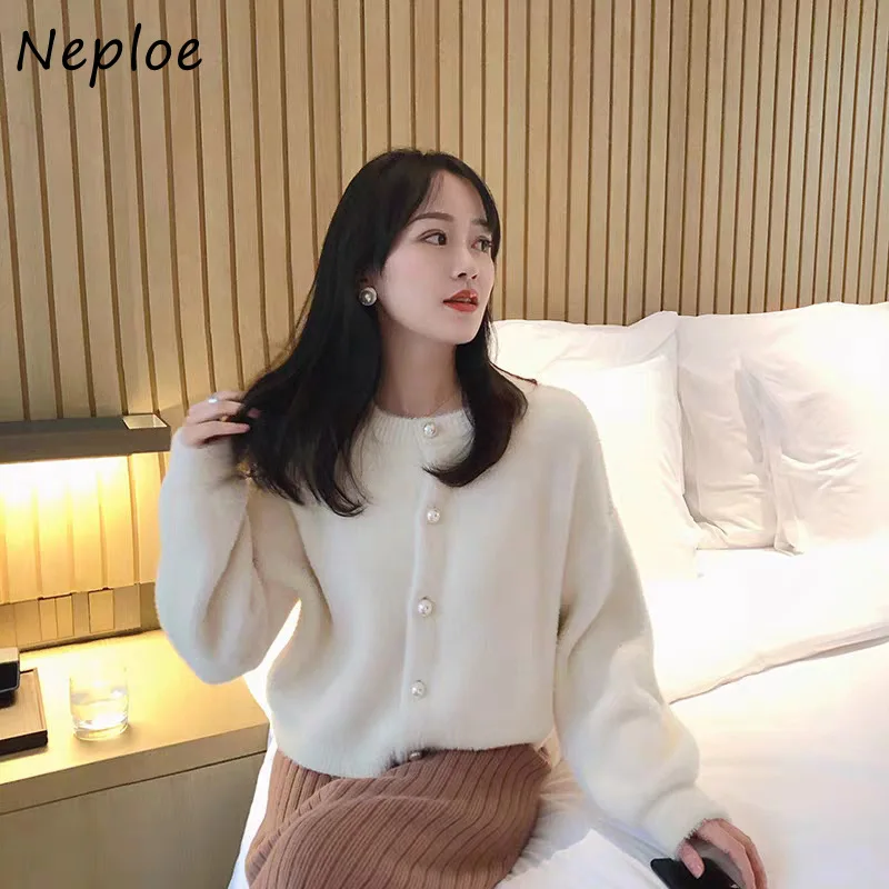 Neploe Fashion Chic Pearl Button Jacket Women 2024 Autumn New Ladies Sweater Round Neck Long Sleeve Single Breasted Cardigan