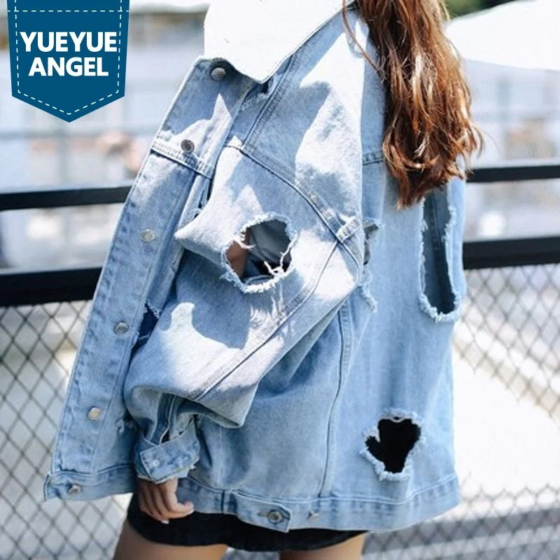 

Hole Big Ripped Loose Fit Long Sleeved Turn Down Collar Single Breasted Womens Jackets Retro Bf Style Korean Style New Fashion