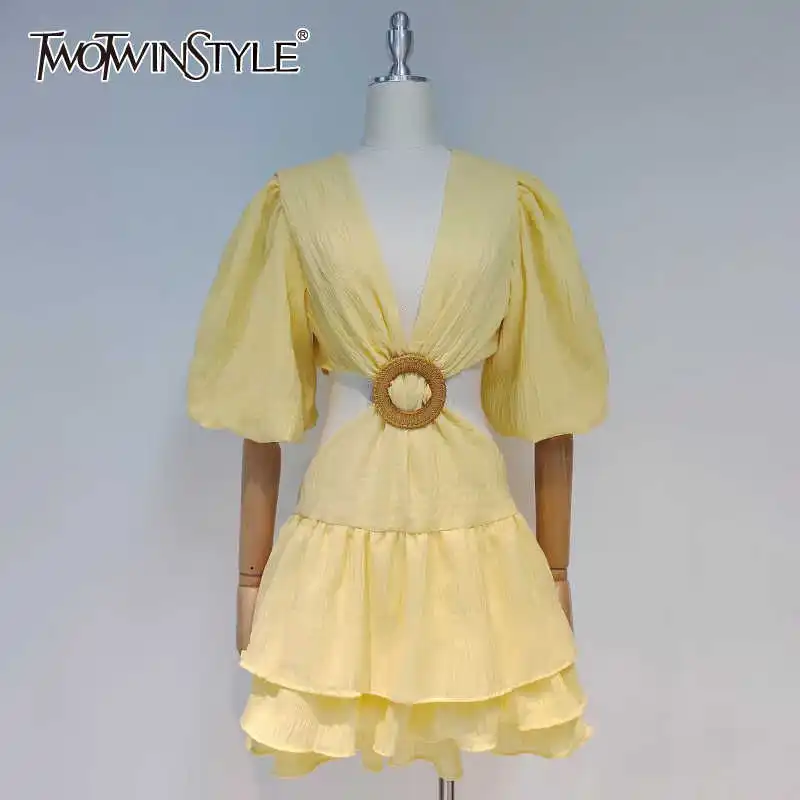 

TWOTWINSTYLE Yellow Hollow Out Sexy Dress For Women V Neck Lantern Half Sleeve High Waist Patchwork Mini Dresses Female 2022 New