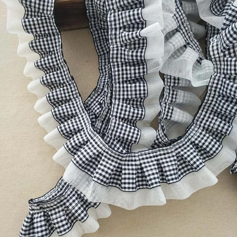 

10 м бело-черная кружевная тесьма из шифона, плиссированная ткань, вышитая лента для юбок, диванов, штор, одежды, пэчворка, декора