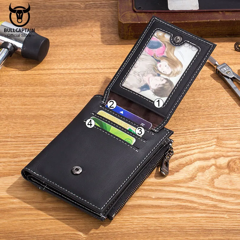 BULLCAPTAIN Genuine Leather Men Wallet Coin Purse Small Mini Rifd Card Holder High Quality Hardware Pull Card Wallet's 07