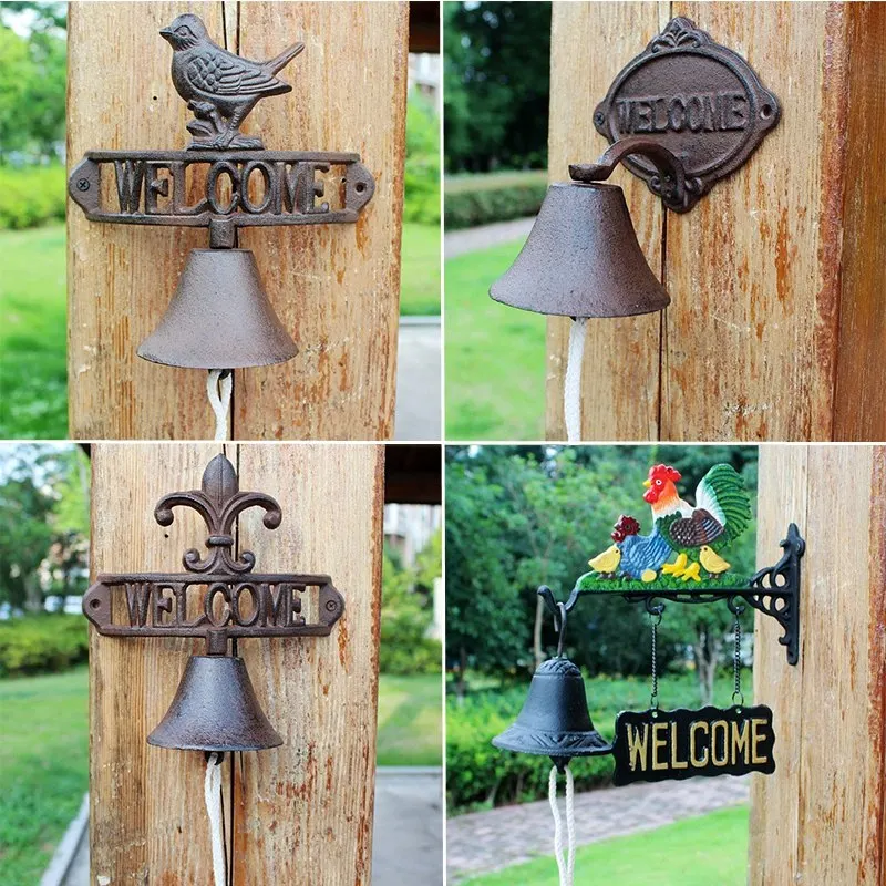 Nordic Country Retro Wrought Iron Welcome Doorbell Ornament Courtyard Garden Hand Bell Figurines Crafts Outdoor Villa Decoration