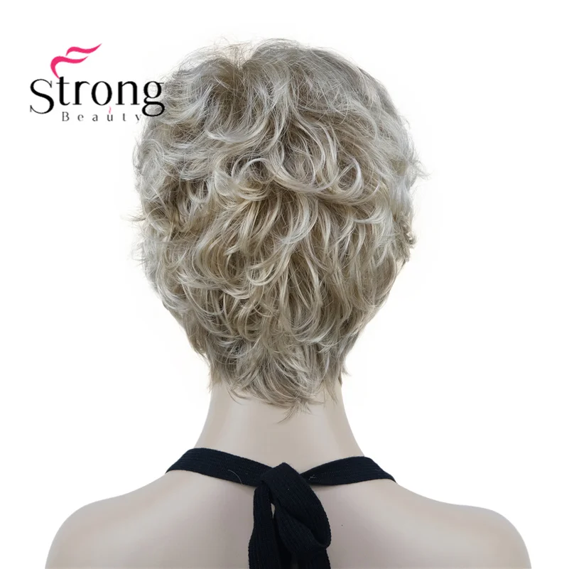 StrongBeauty kobiety naturalny blond podkreśla krótkie peruki z kręconymi włosami falowane włosy fryzura Pixie pełna peruka syntetyczna