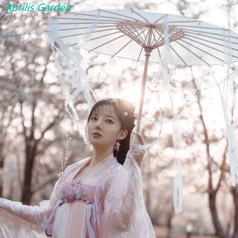 Chinese Japan Yarn Oiled Paper Silk Cloth Umbrella Costume Ancient Chinese Princess Umbrella Drama White Craft Umbrella Cosplay