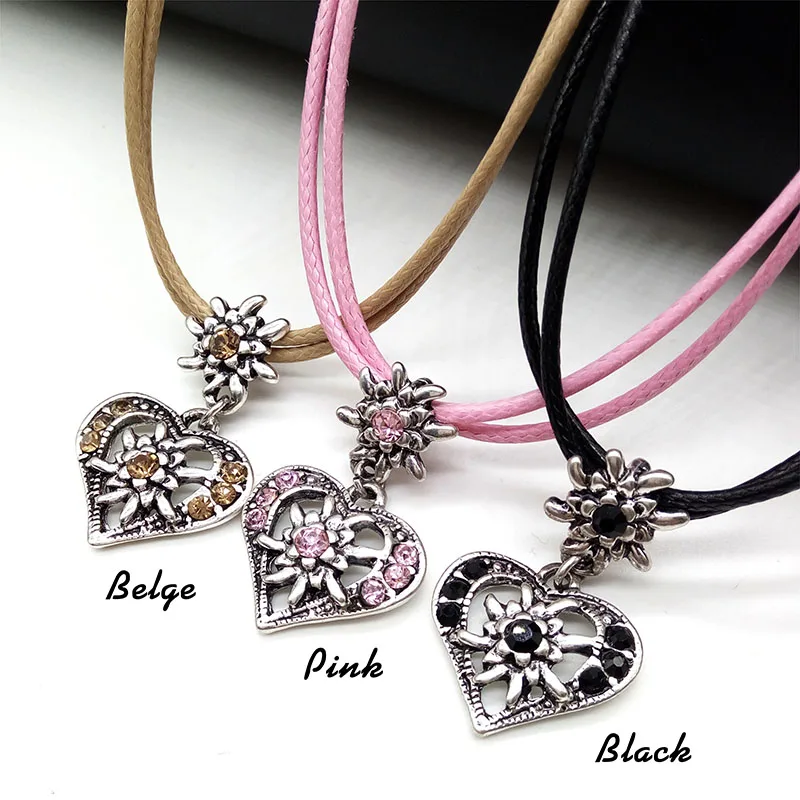 Vintage Edelweiss Pendant Necklace For Women Shiny Rhinestone Heart Flower Cord Chain Party Jewelry Gifts Wholesale