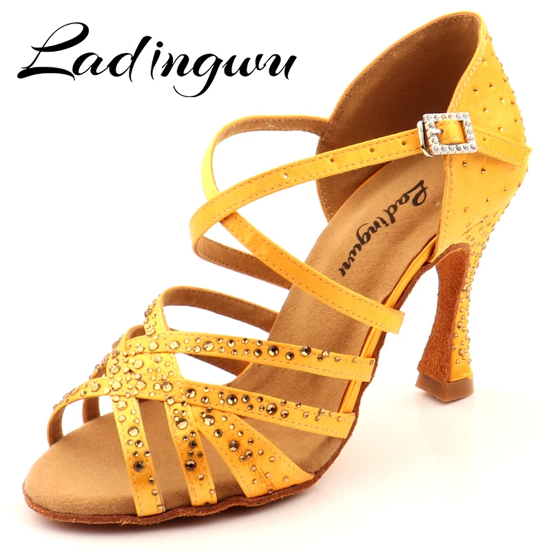 Yellow Satin Bronze Rhinestones Women's Latin Dance Shoes Ballroom Dance Shoes Party Square Dance Shoes Soft Bottm Heel 5-10cm