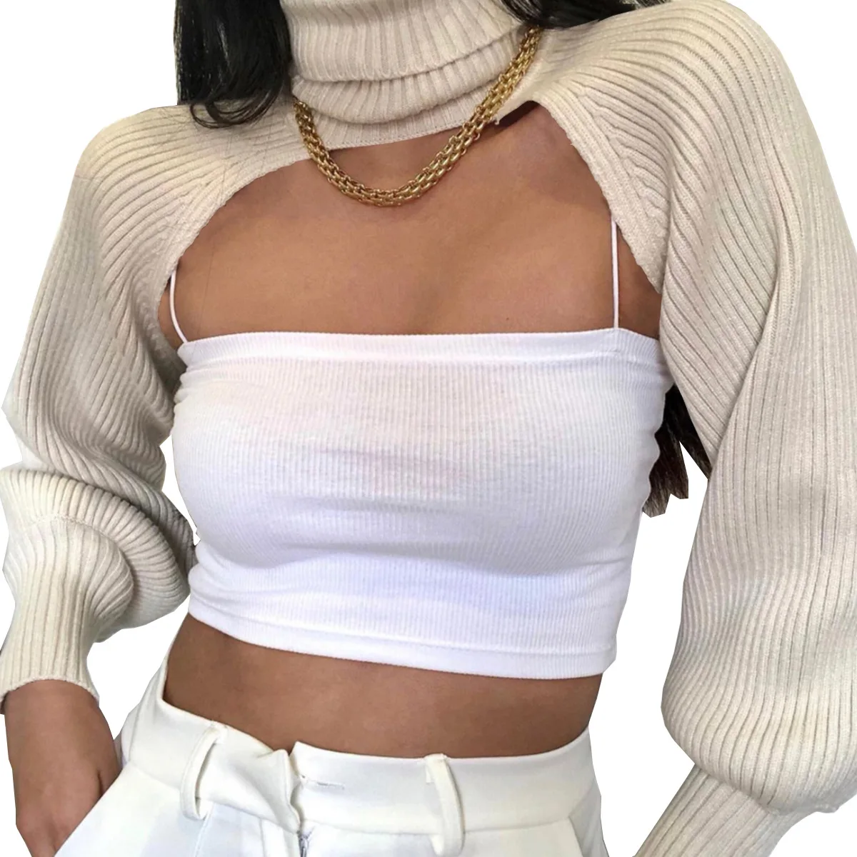 Female Sweater Solid Color High Collar Long Puff Sleeve Knitwear Pullover for Women super short crop tops matched with clothing