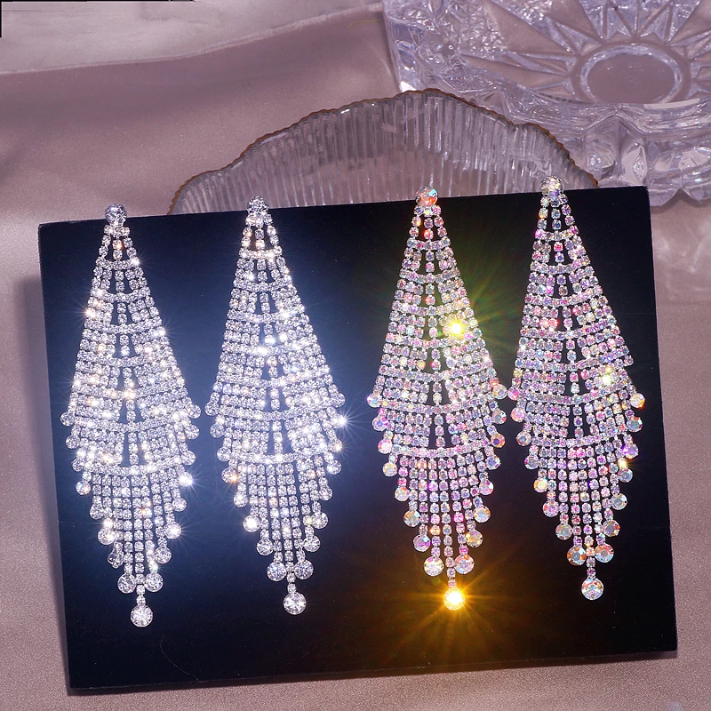 Classic Crystal Earrings Long Tassel Drop Earrings for Women Shiny Full Rhinestone Big Dangle Earrings Wedding Jewelry Gifts