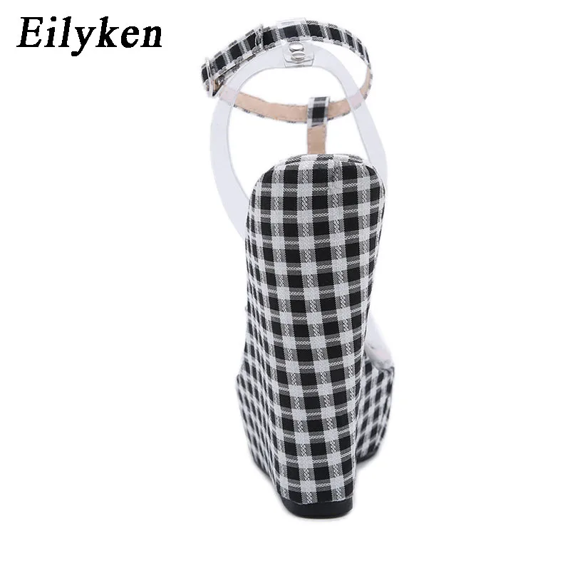 Eilyken Fashion Gingham Thick Bottoms Wedge Women Sandals Ankle Buckle Strap Platform High Heels PVC Transparent Female Shoes