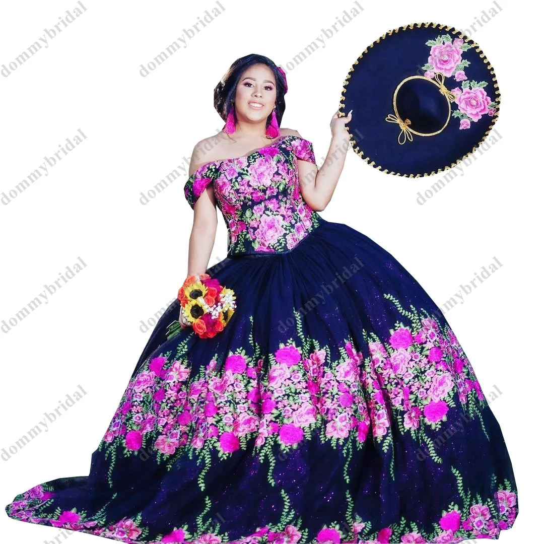 Vestido negro con flores bordadas para niña, Vestido De baile Sexy para quinceañera, Formal, sin hombros, De 15 a 16 años