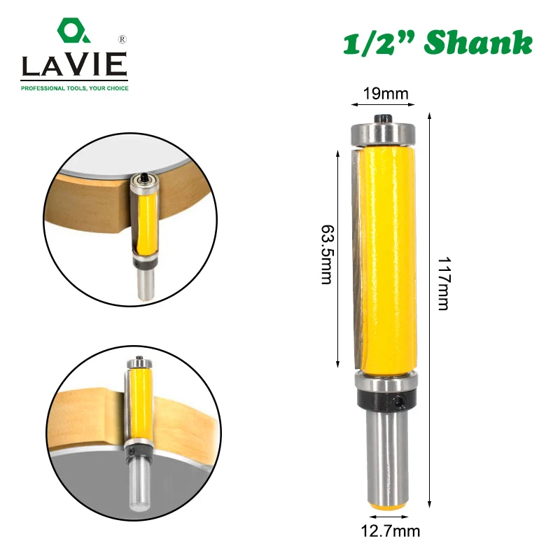 LAVIE 1pc 12mm 1/2 Shank Top & Bottom Bearing Flush Trim Pattern Router Bit Milling Cutter For Wood Woodworking Cutters 03010