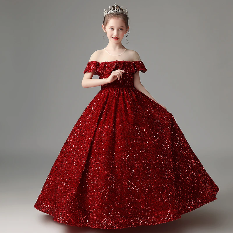 Eye Catching Burgundy Spakling Sequins Flower's Dresses Sheer Neckline Floor Length Ball Gown Girl's Party Dress