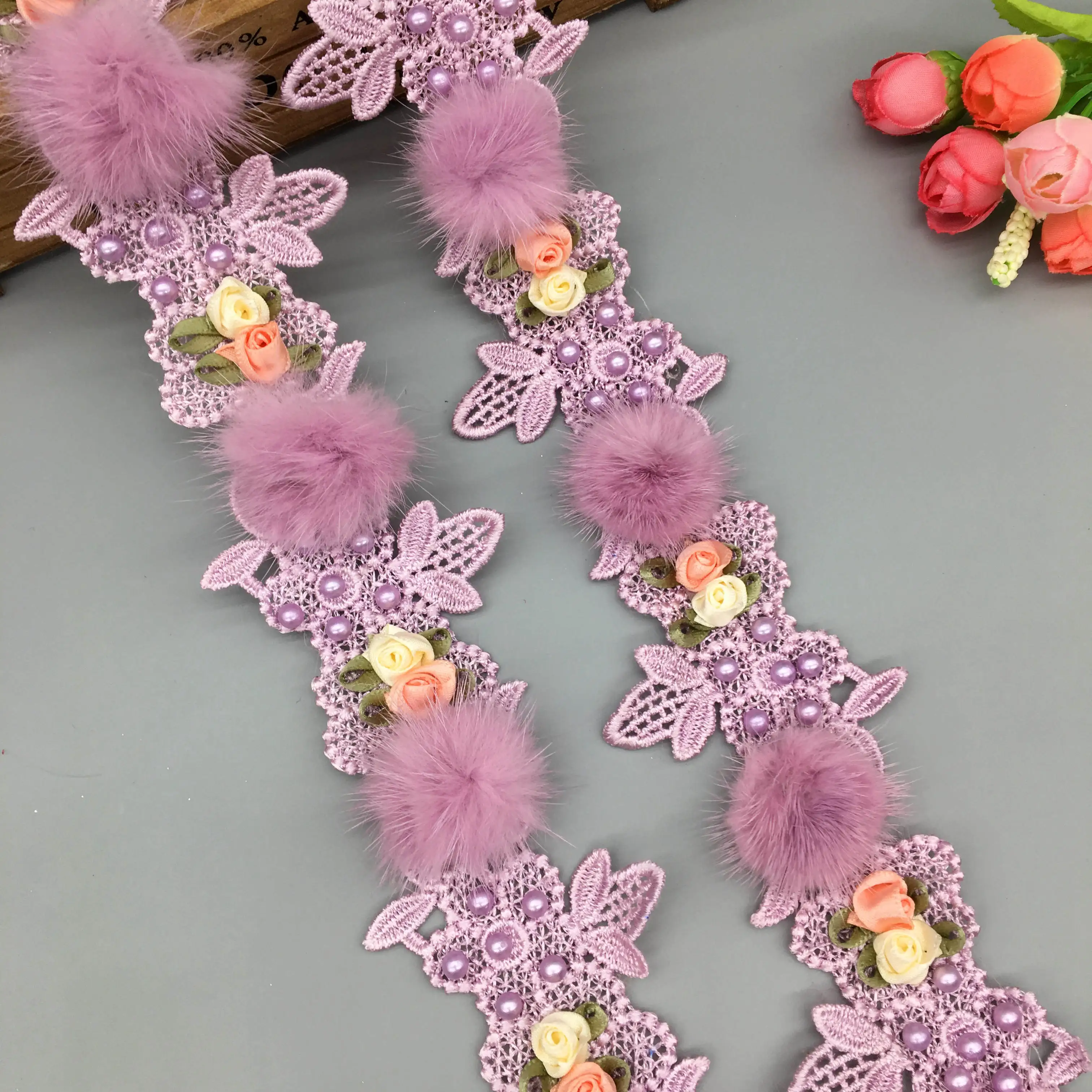

1 Yard Purple Pompom 3D Flower Beaded Embroidered Lace Trim Ribbon Fabric Handmade Wedding Sewing Craft For Costume Decoration