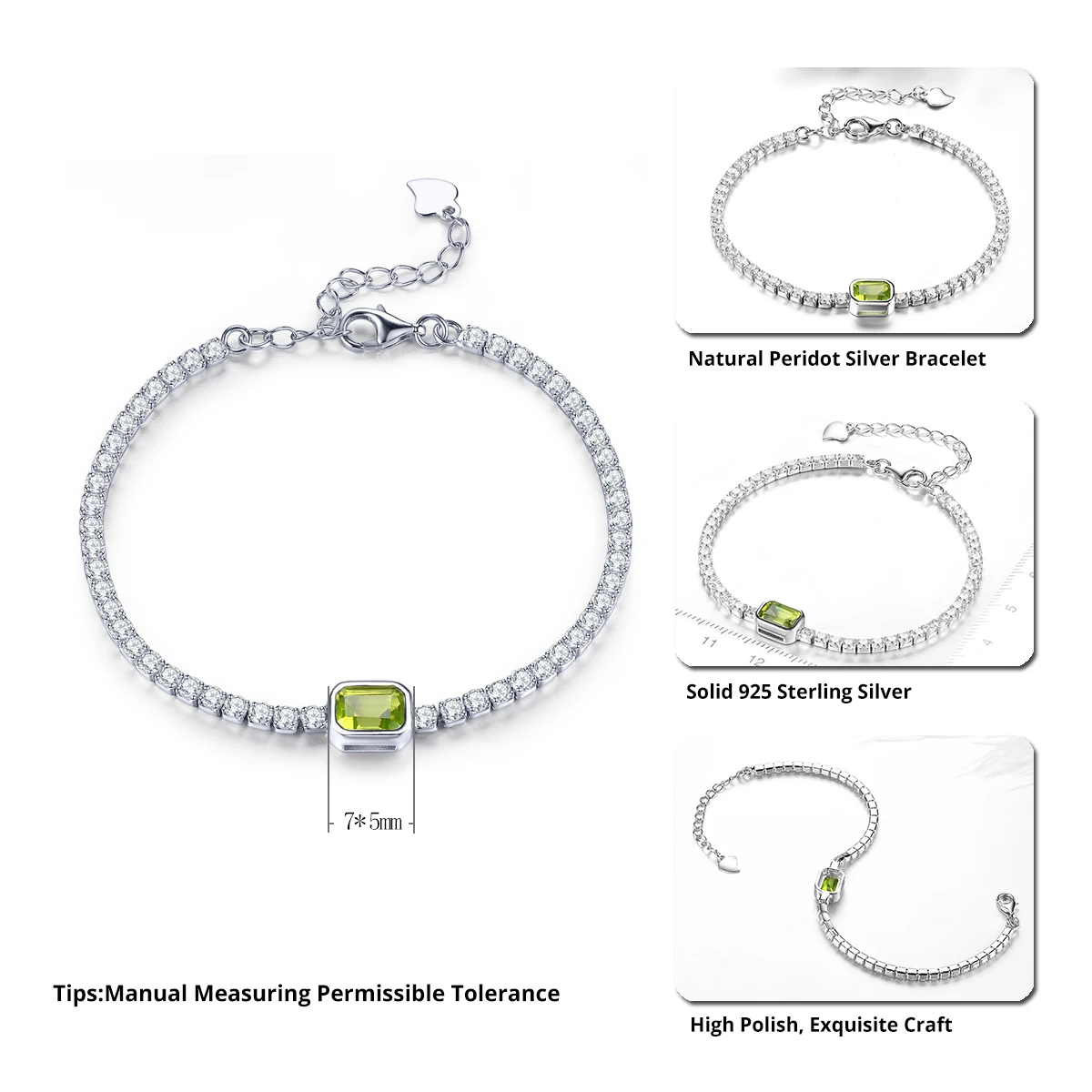 Natural Peridot Sterling Silver Bracelet S925 Jewelry 1.23 Carats Genuine Colorful Gemstone Classic Simple Style Top Quality