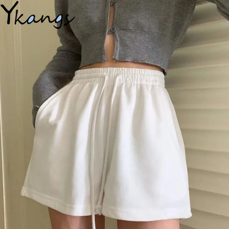 

Drawstring High Waist White Women's Sports Shorts Summer New Breathable Wide-leg Shorts Casual All-match Home Ladies Hot Pants