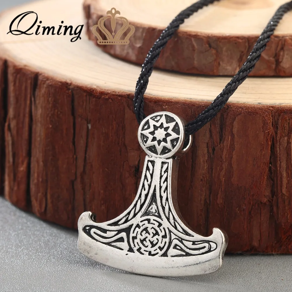 QIMING Fashion Men Jewelry Accessories Axe of Perun Huge fashion Pendant Gods Slavic Pagan Black Nord Odin Vintage Necklace gift