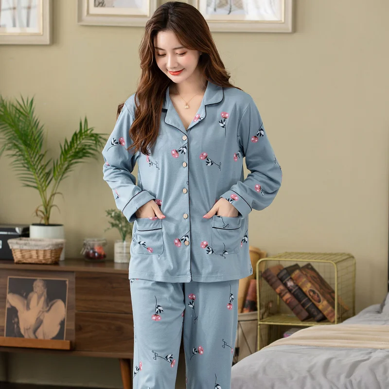 Women Full Cotton Pajamas Blue Small Flower Pajama Sets Sleepwear Long Sleeve Top+Long Pants Pajamas Home Clothing Pyjamas XXXXL