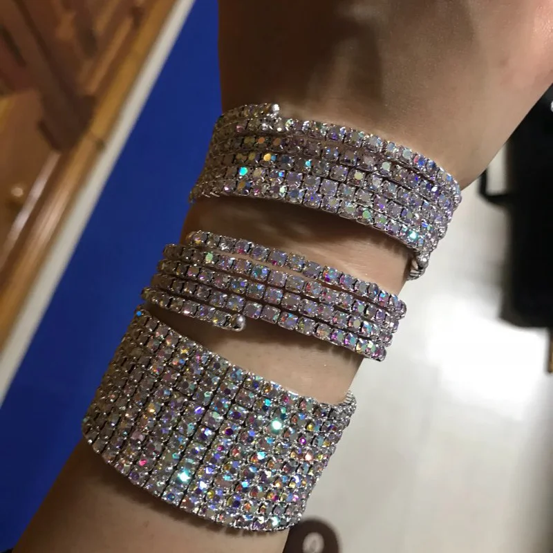 AB Rhinestone di Cristallo Del Braccialetto Bracciali In Argento Placcato Spirale Braccio Superiore Del Braccialetto per Le Donne 5 Fila di Colore