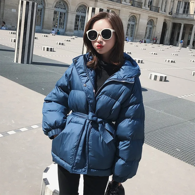 Fashion Blue Tight Waist Thick Down Cotton Winter New Jacket Coat Women Plus size Hooded Warm Female Padded Overcoat