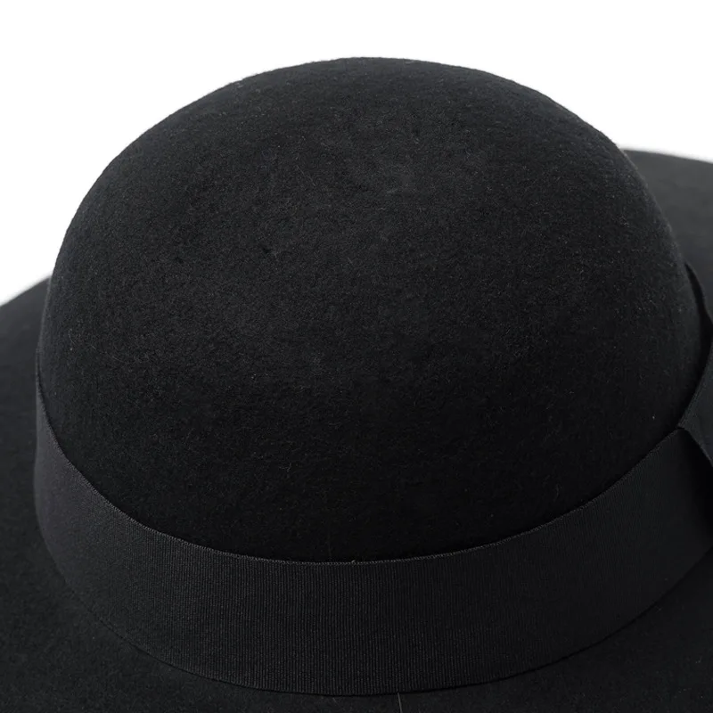 Vintage Luxury Catwalk Black Pure Wool Felt Floppy Hat Wide Brim Women Winter Fedora Cloche Bowler Hat Wedding Party Church Hat